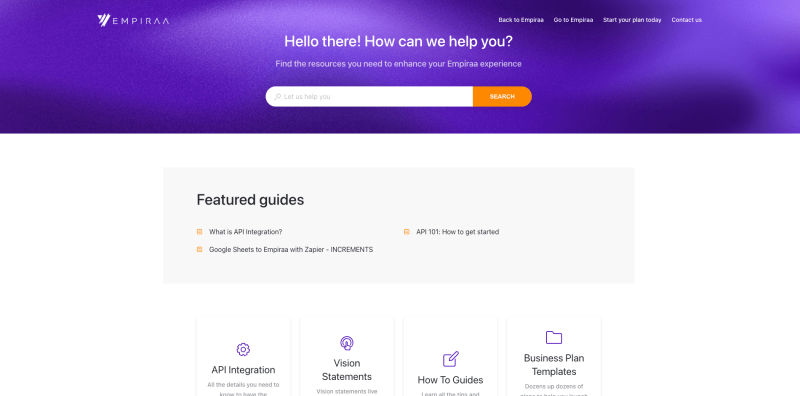 The Empiraa knowledge base home page, with a search box, featured guides and categories for API integration, vision statements, how to guides and business plan templates.