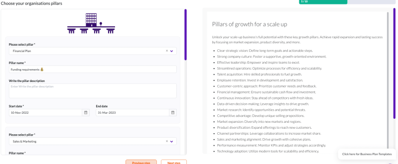 Empiraa pillar setup, with a financial plan pillar being named and given dates, beside a pillars of growth template for a scale up.